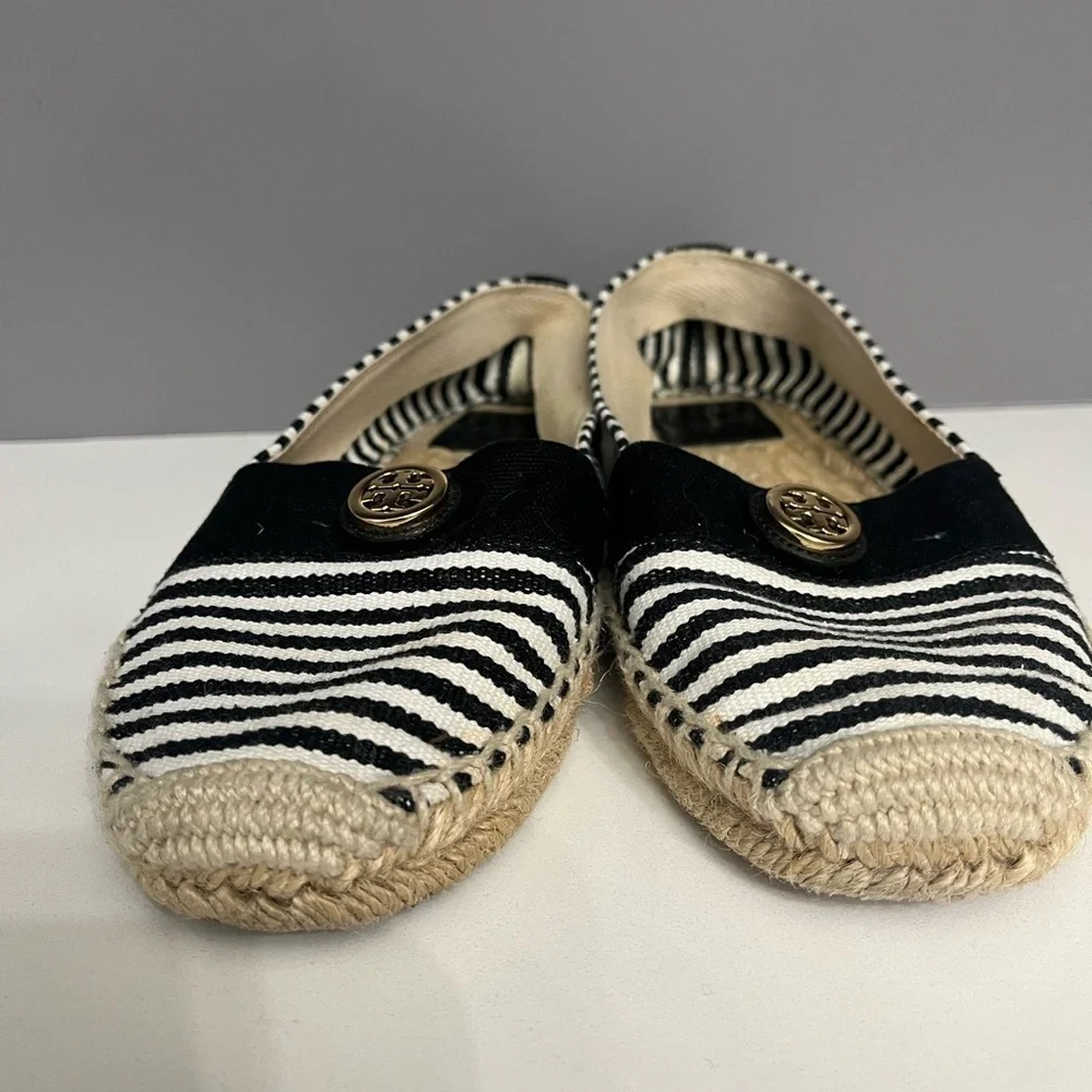 Tory Burch Beacher Black & White Stripped Slip on Espadrilles- 8
